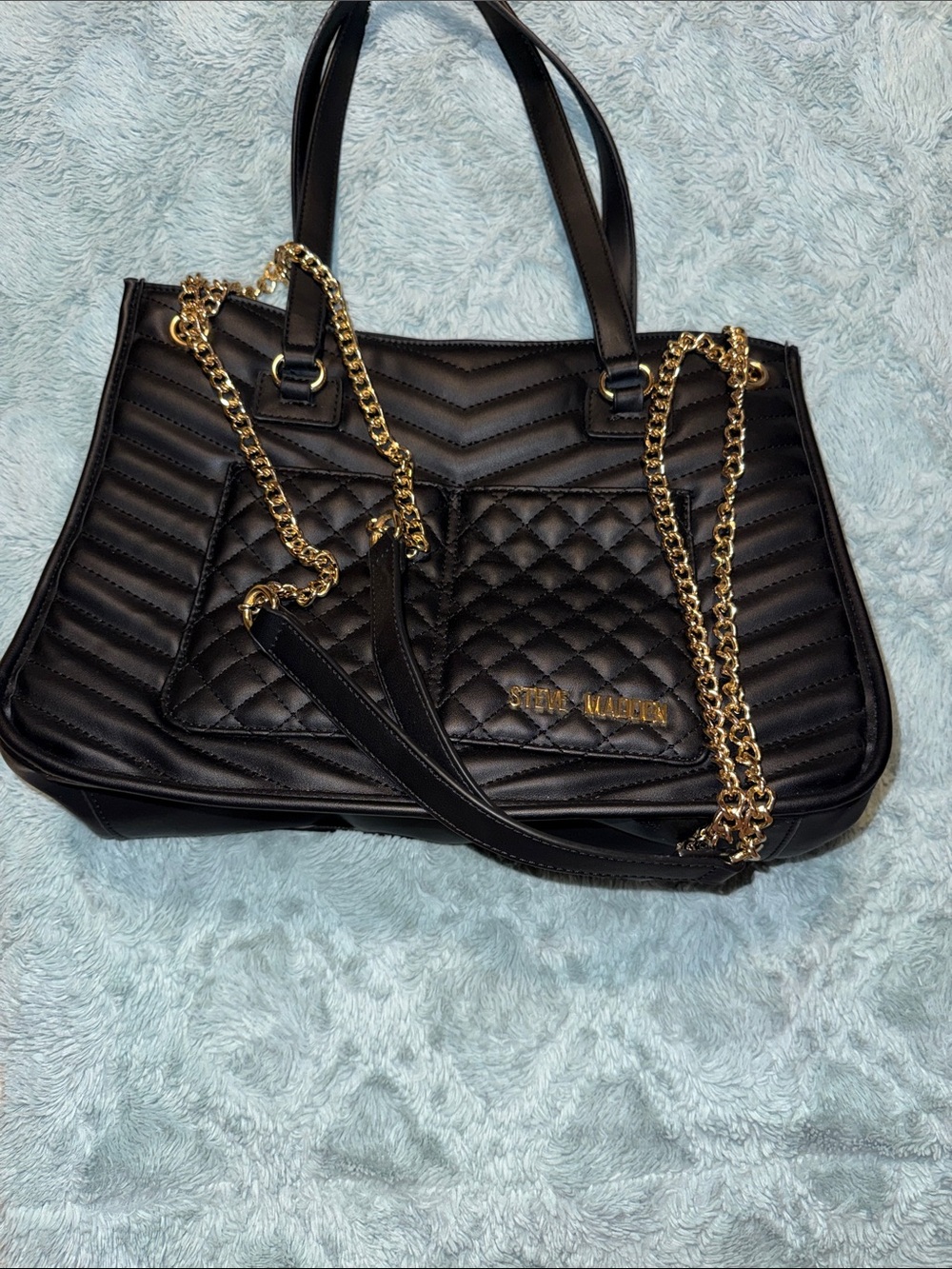 Steve Madden Black Quilted Shoulder Bag with Gold Chain